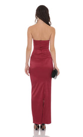 Satin V-Strapless Maxi Dress in Maroon